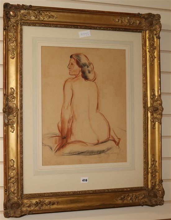 Philip Naviasky, sepia chalk and charcoal, seated nude, 50 x 38cm